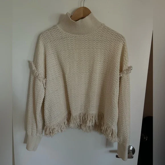 Zara Cream Fringe Textured Turtleneck Sweater - Picture 4 of 5